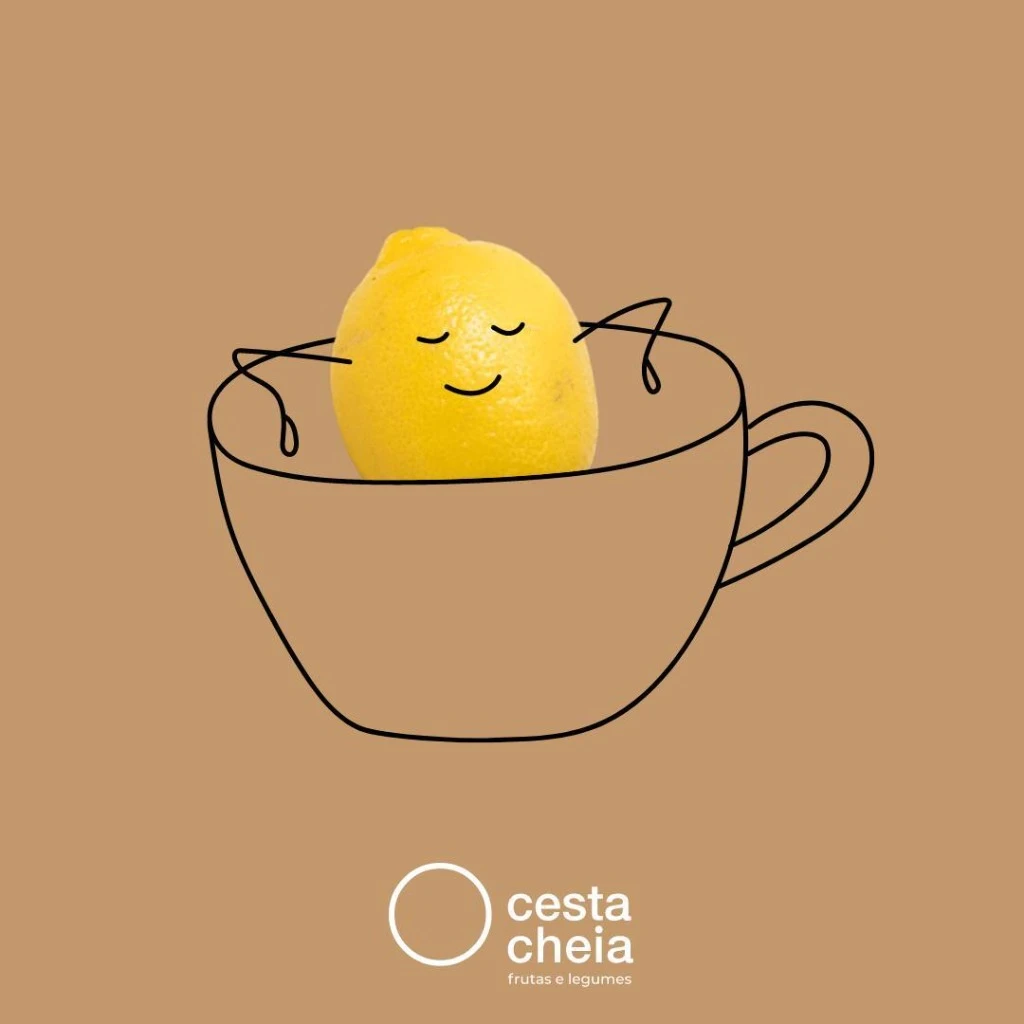 Limão ilustrado a descansar numa chávena, representando um momento de pausa